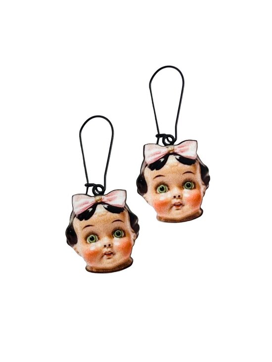 Handmade Jewelry - Vintage Doll Face Pink Bows Wood Cutout Dangle Earrings Kitsch Creepy Cute